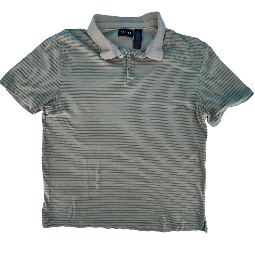 Axcess 3 Button Striped Polo Tee Shirt Top Size Medium Green Khaki 100% Cotton